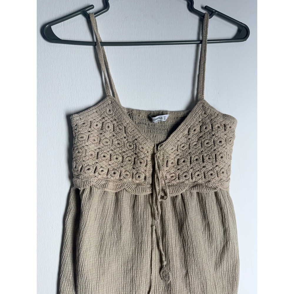Stradivarius Boho Crochet Lace Cami Top Tan Beige Smocked Babydoll Small